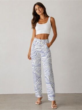 Zara High-Rise Marble Print straight leg jeans - White & Light Blue size 2